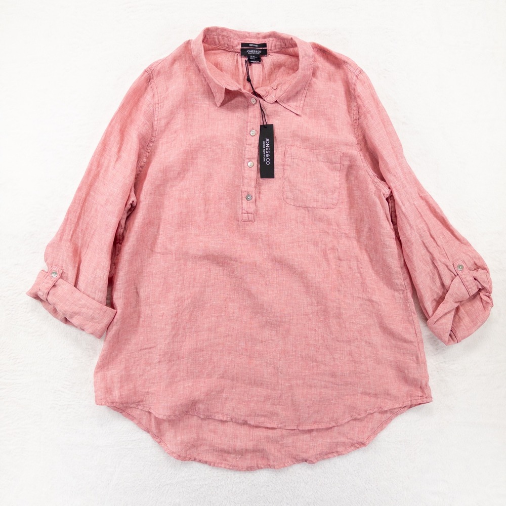 Jones & Co Womens Linen Popover Shirt XL Pink Red Roll Tab Sleeve Coastal Beachy